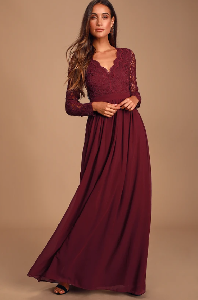 Lulus Awaken My Love Burgundy Long Sleeve Lace Maxi Dress