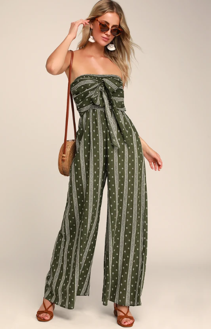 Lulu's Raine Olive Green Print Strapless Jumpsuit